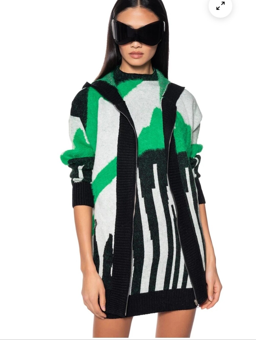 Green & Black Abstract Zip-Front Women’s Sweater Sz L/XL